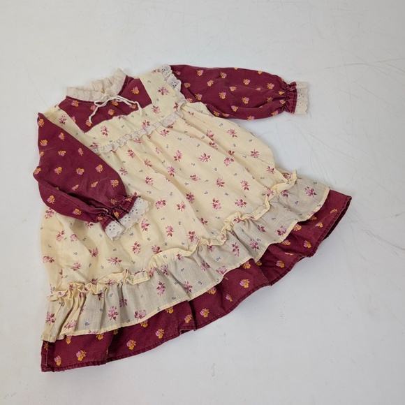 70's Apron Dress Red Cream Lace Ruffles Floral Long Sleeve - Picture 5 of 8